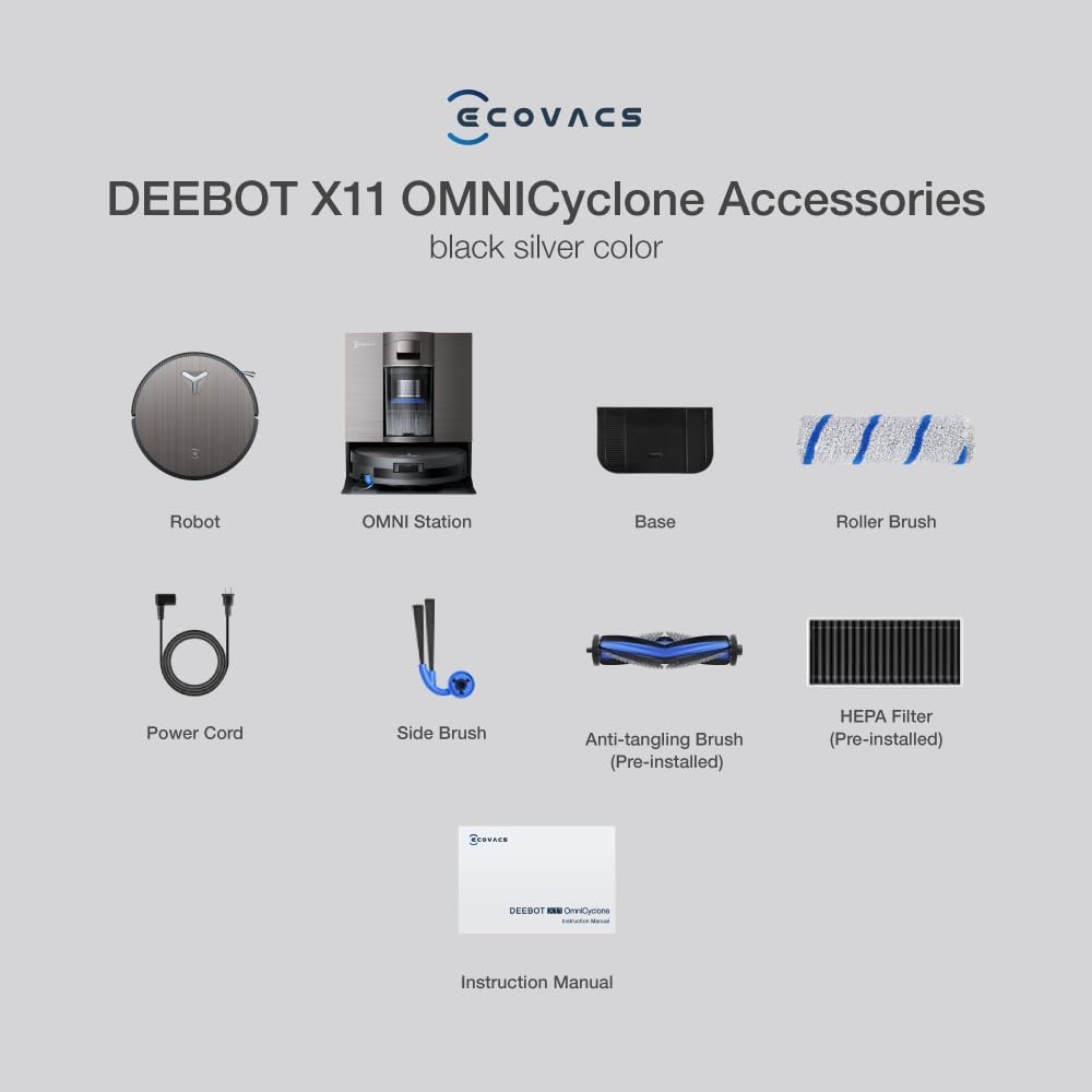 ECOVACS X11 OMNICYCLONE Saugroboter mit Wischfunktion, Blast + 19.500 Pa, ultraschnelles Akkuladen, OZMO Roller 2.0, Klettern max. 4 cm Höhe, Ausfahrender Wischmopp, PureCyclone 2.0 Auto-Entleerung