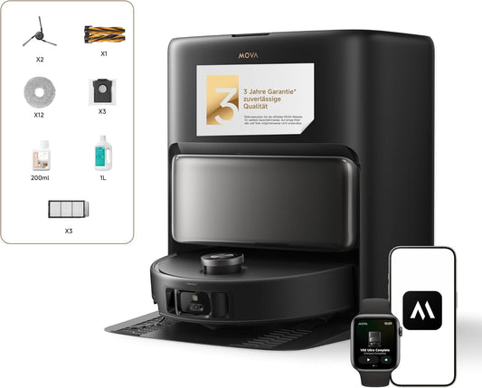 Mova V50 Ultra Complete Saugroboter mit Wischfunktion 24.000 Pa, 6cm Hindernisüberwindung, Liftable Navigation+RGB AI+LED, 80℃ Heißwasserwäsche & 63℃ Selbsttrocknung, DuoSolution System, Tricut Bürste