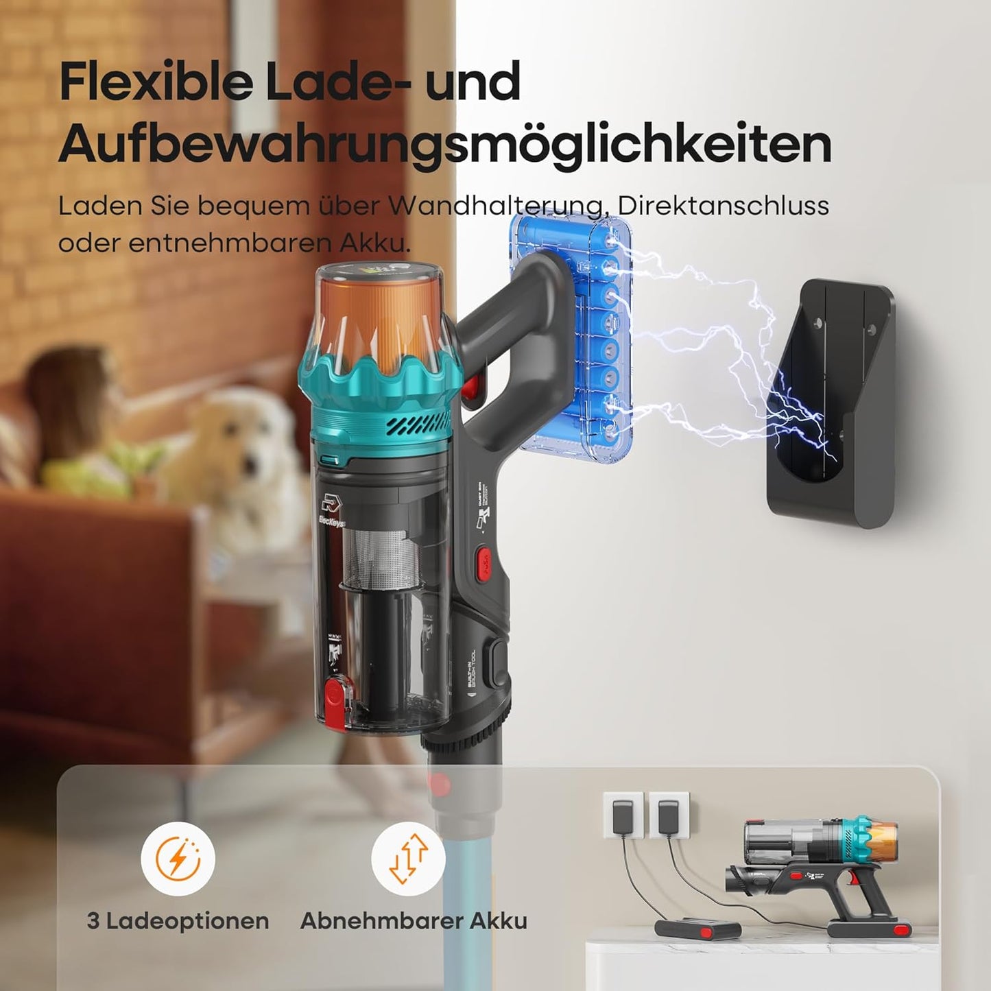 ElecKeys K10 Akku Staubsauger 48000Pa/580W/65 min, Superleise Staubsauger Kabellos mit LED Display, Akkustaubsauger mit Anti-Tangle-BĂŒrste, Selbststehend fĂŒr Tierhaare Teppiche Hartböden