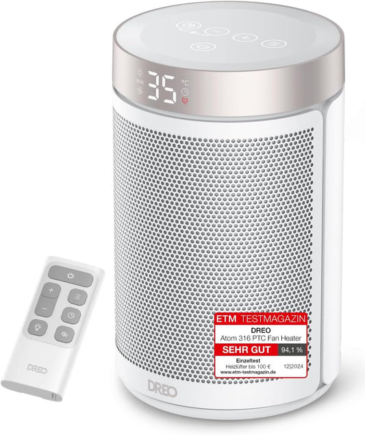 Dreo Energiesparender Heizlüfter, 34 dB Leiser 1500W Elektrischer PTC Keramik, Thermostat, Überhitzungs- & Kippschutz, 12 Std. Timer, Elektroheizung für Räume Schlafzimmer, Atom 316, Gold