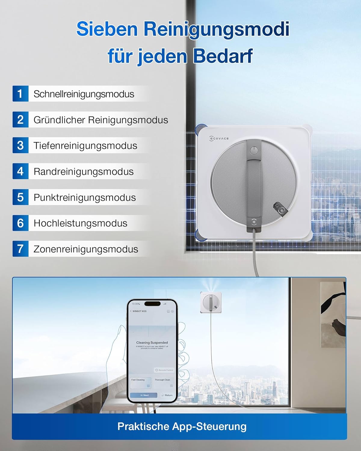 ECOVACS WINBOT W2S Omni Fensterputzroboter mit Multifunktionsstation, intelligenter Bis-an-den-Rand-Reinigung mit TruEdge™, Aufladen während des Betriebs, DREI Wasserdüsen, 12-stufigem Schutz