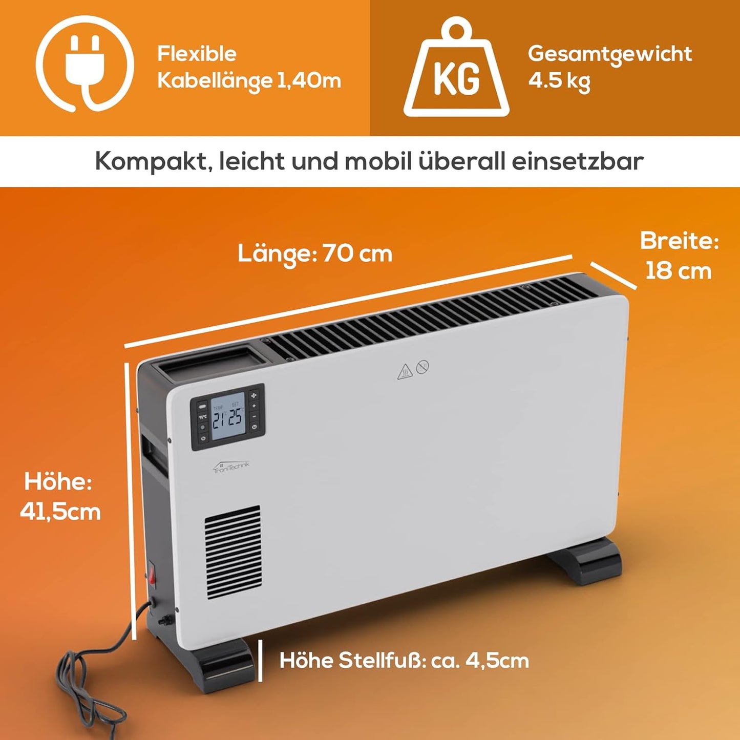 Tronitechnik® Elektroheizer Konvektor Heizgerät Heizkörper mit 3 Leistungsstufen 750/1250/2000 Watt, mobil mit Tragegriff, Timer und Thermostatsteuerung, Überhitzungsschutz, freistehend, weiß