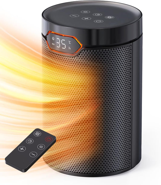 QEXREED Heizlüfter, 1500W, PTC Heizlüfter Energiesparend mit ECO Modus, 4 Heizmodi, Breeze Modus, Thermostat, 24H Timer, Fernbedienung, Überhitzungs- & Kippschutz, Tragbar & Leise, für Zuhause, Büro