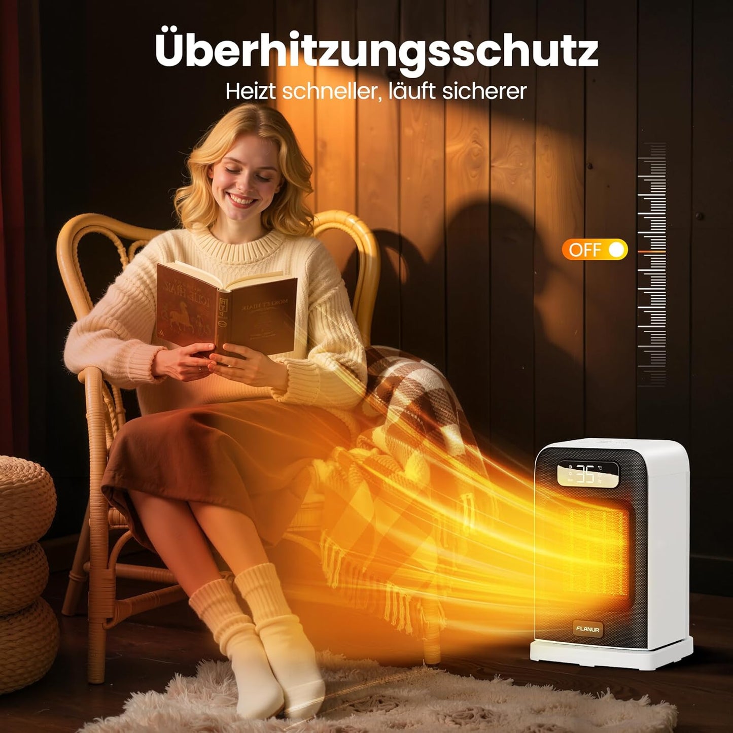 FLANUR Tragbarer Heizlüfter mit Thermostat, 1500W PTC-Keramik-Schnellheizung & ECO-Modus - 2-in-1-Heizlüfter, Digitalanzeige, 12-Stunden-Timer, unter 35dB leiser Heizlüfter-Schwarz, 1Pack+2Modes