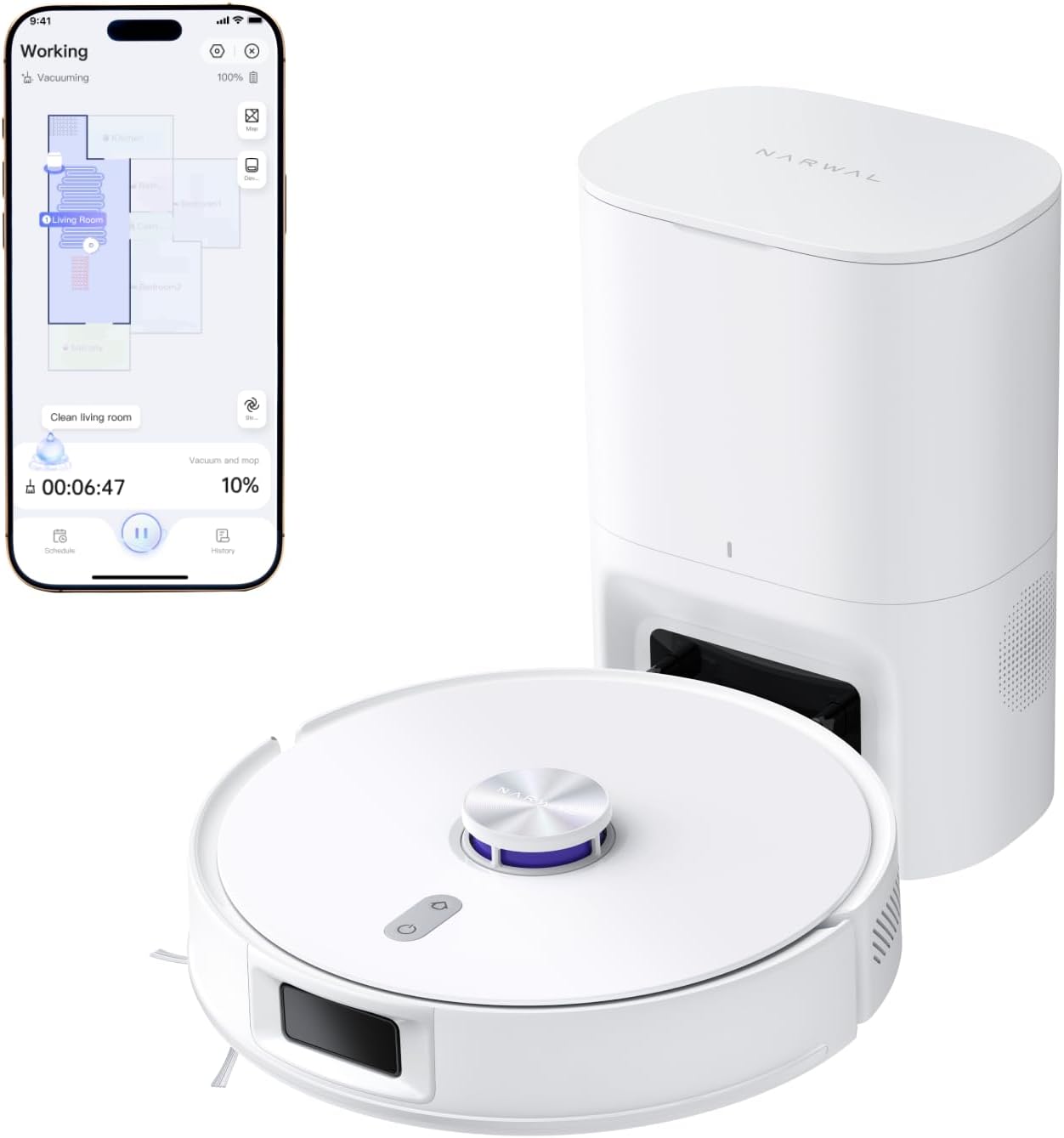 NARWAL Freo S Saugroboter mit Wischfunktion, 8000Pa, 8N Reinigungsdruck, Auto-Entstaubungsstation 3.5L, LDS-Lasernavigation und 3D Mapping, APP-Fernsteuerung, Wischroboter für Teppich/Tierhaare