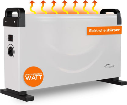 Tronitechnik® Elektroheizer Konvektor Heizgerät Heizkörper mit 3 Leistungsstufen 750/1250/2000 Watt, mobil mit Tragegriff, Timer und Thermostatsteuerung, Überhitzungsschutz, freistehend, weiß