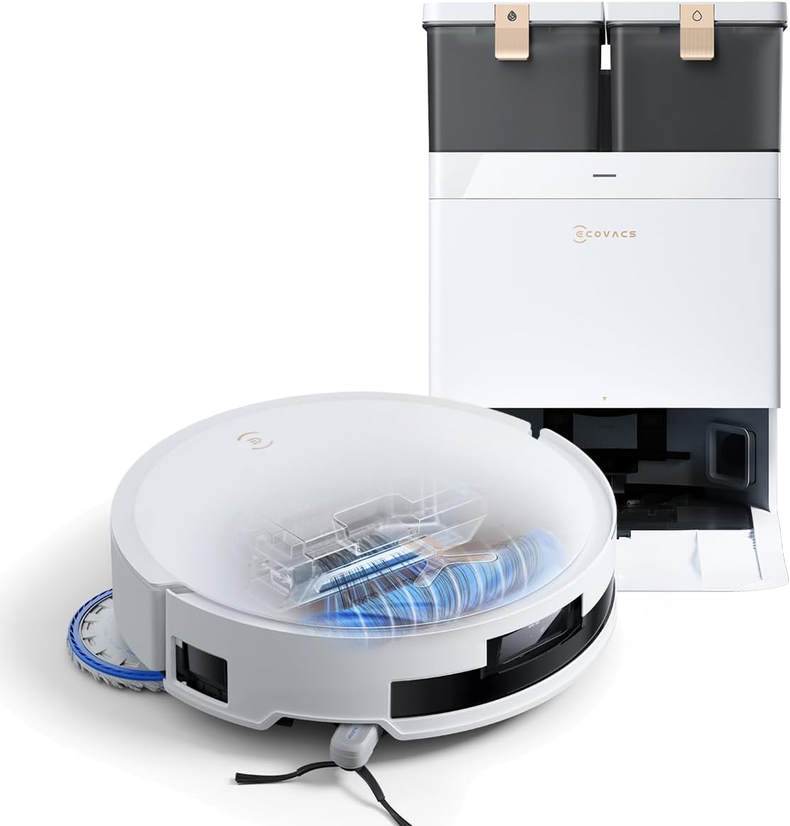ECOVACS DEEBOT T50 Omni Saugroboter mit Wischfunktion,15.000 Pa, T30 Omni-Upgrade, Ausziehbare Seitenbürste und Mopp, ZeroTangle 2.0, Moppwäsche mit 75°C heißem Wasser, All-in-One Station