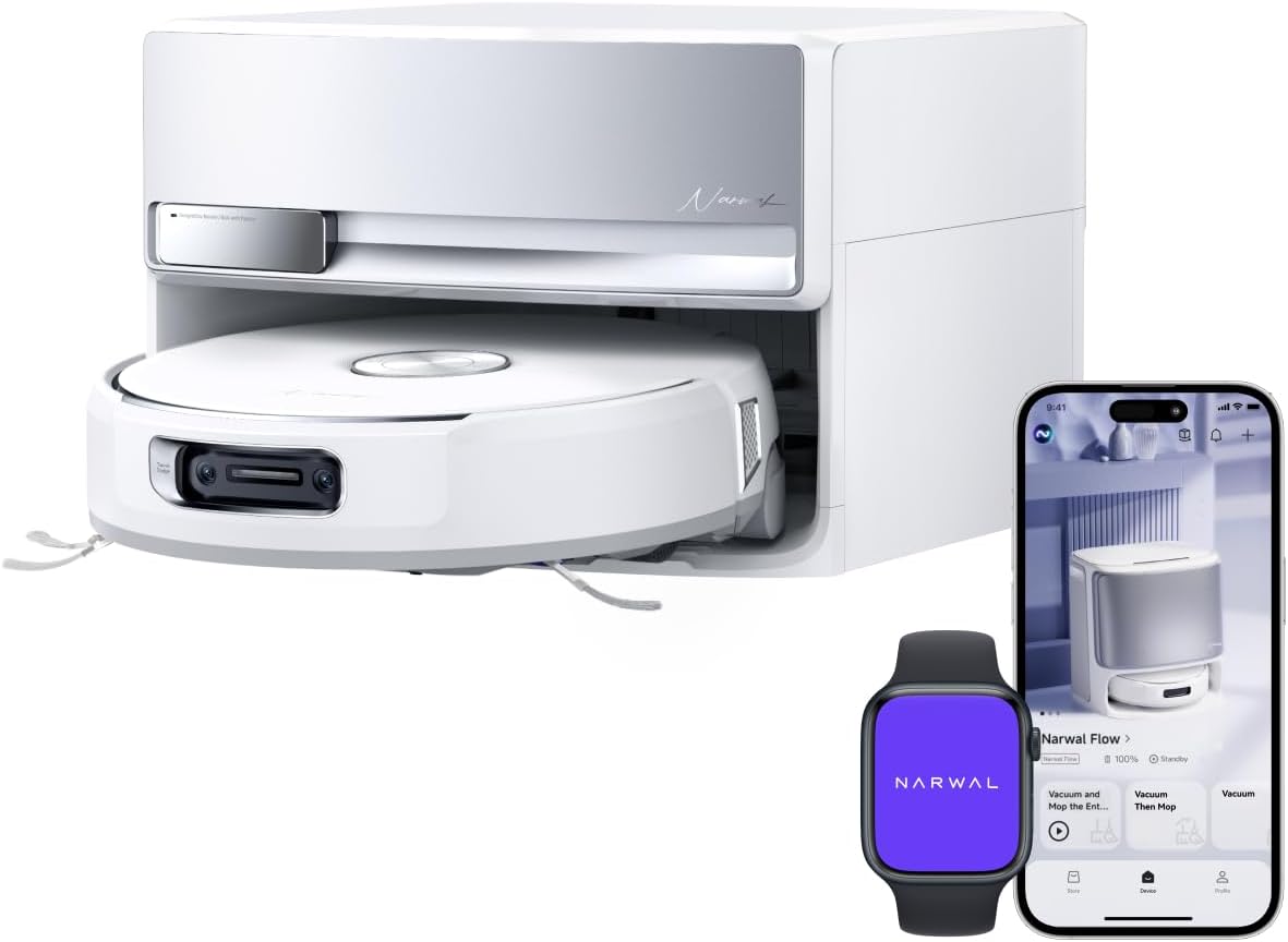 NARWAL Flow Saugroboter mit Wischfunktion, FlowWash-Moppsystem mit Echtzeit-Selbstreinigung, 22.000 Pa Wischroboter, Tierhaare DualFlow Tangle-Frei, 45-80°C Spülen und Heißlufttrocknung, Absaugstation