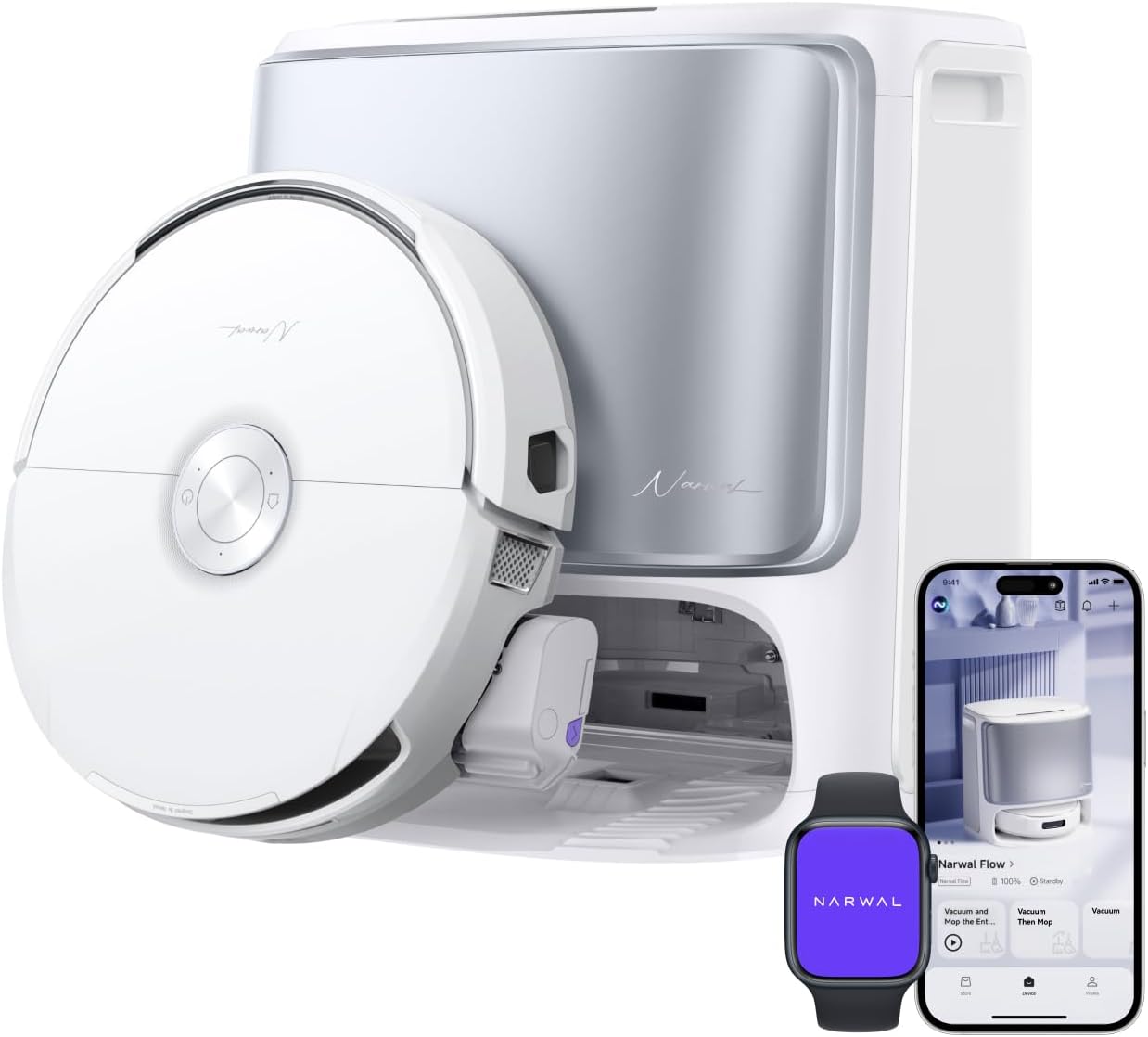 NARWAL Flow Saugroboter mit Wischfunktion, FlowWash-Moppsystem mit Echtzeit-Selbstreinigung, 22.000 Pa Wischroboter, Tierhaare DualFlow Tangle-Frei, 45-80°C Spülen und Heißlufttrocknung, Absaugstation