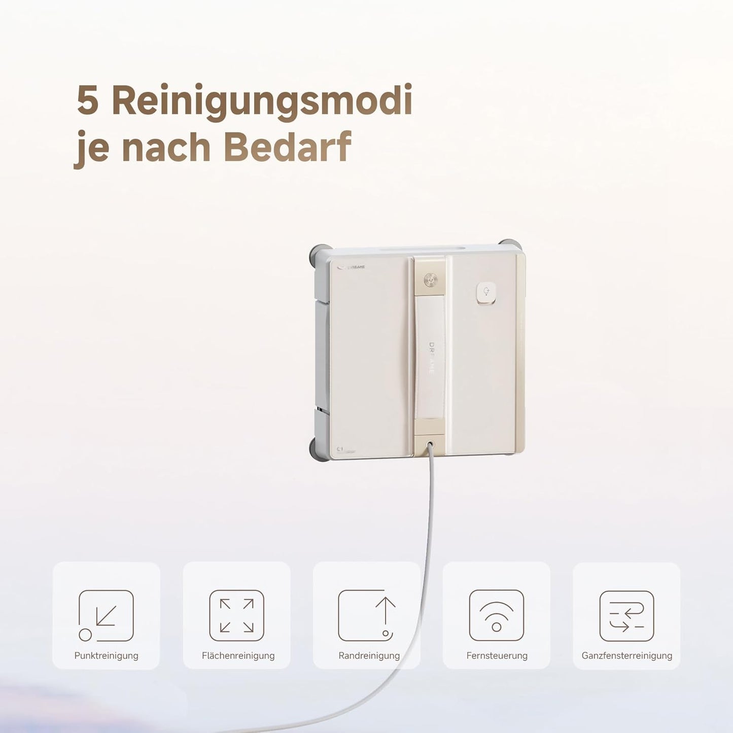 dreame C1 Station Fensterputzroboter, Rundum-Sicherheitskonzept, Mobile Station, automatischer Kabeleinzug, CornerClean-Technologie, Dual-Spray-Technologie, intelligente Planung des Reinigungswegs