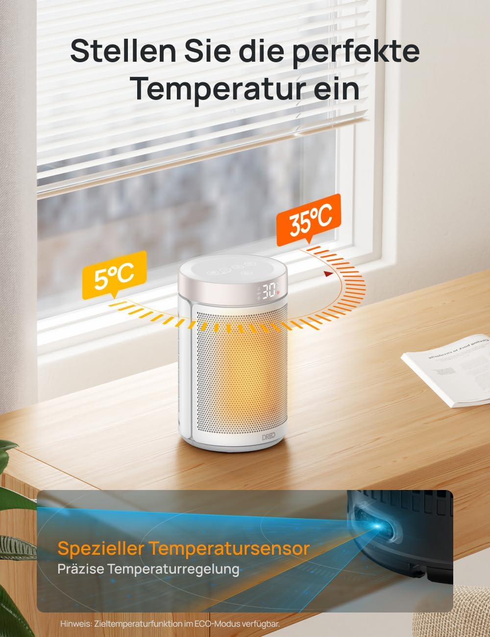 Dreo Energiesparender Heizlüfter, 34 dB Leiser 1500W Elektrischer PTC Keramik, Thermostat, Überhitzungs- & Kippschutz, 12 Std. Timer, Elektroheizung für Räume Schlafzimmer, Atom 316, Gold
