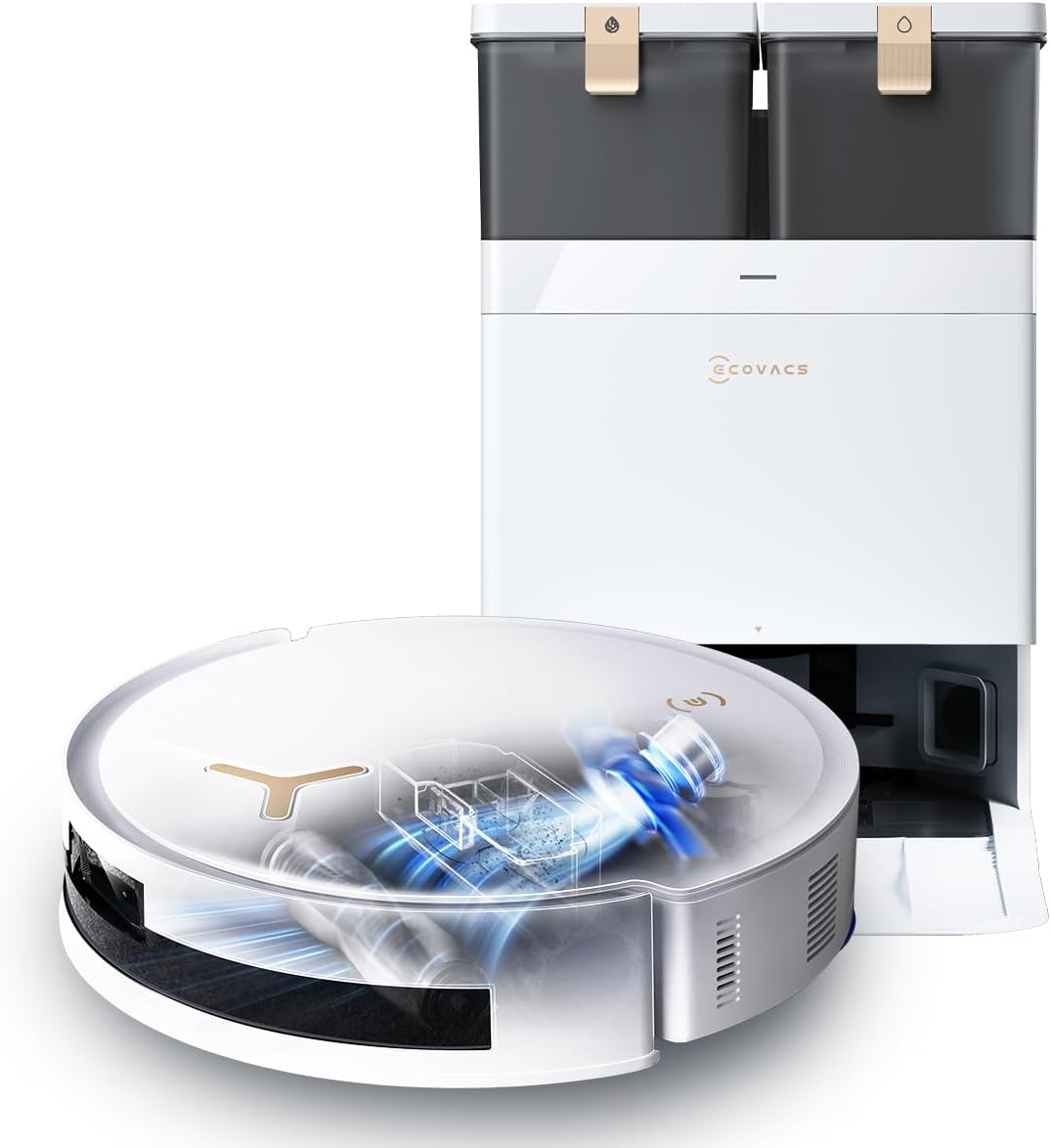 ECOVACS DEEBOT T50 Omni Saugroboter mit Wischfunktion,15.000 Pa, T30 Omni-Upgrade, Ausziehbare Seitenbürste und Mopp, ZeroTangle 2.0, Moppwäsche mit 75°C heißem Wasser, All-in-One Station