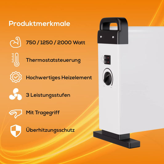 Tronitechnik® Elektroheizer Konvektor Heizgerät Heizkörper mit 3 Leistungsstufen 750/1250/2000 Watt, mobil mit Tragegriff, Timer und Thermostatsteuerung, Überhitzungsschutz, freistehend, weiß