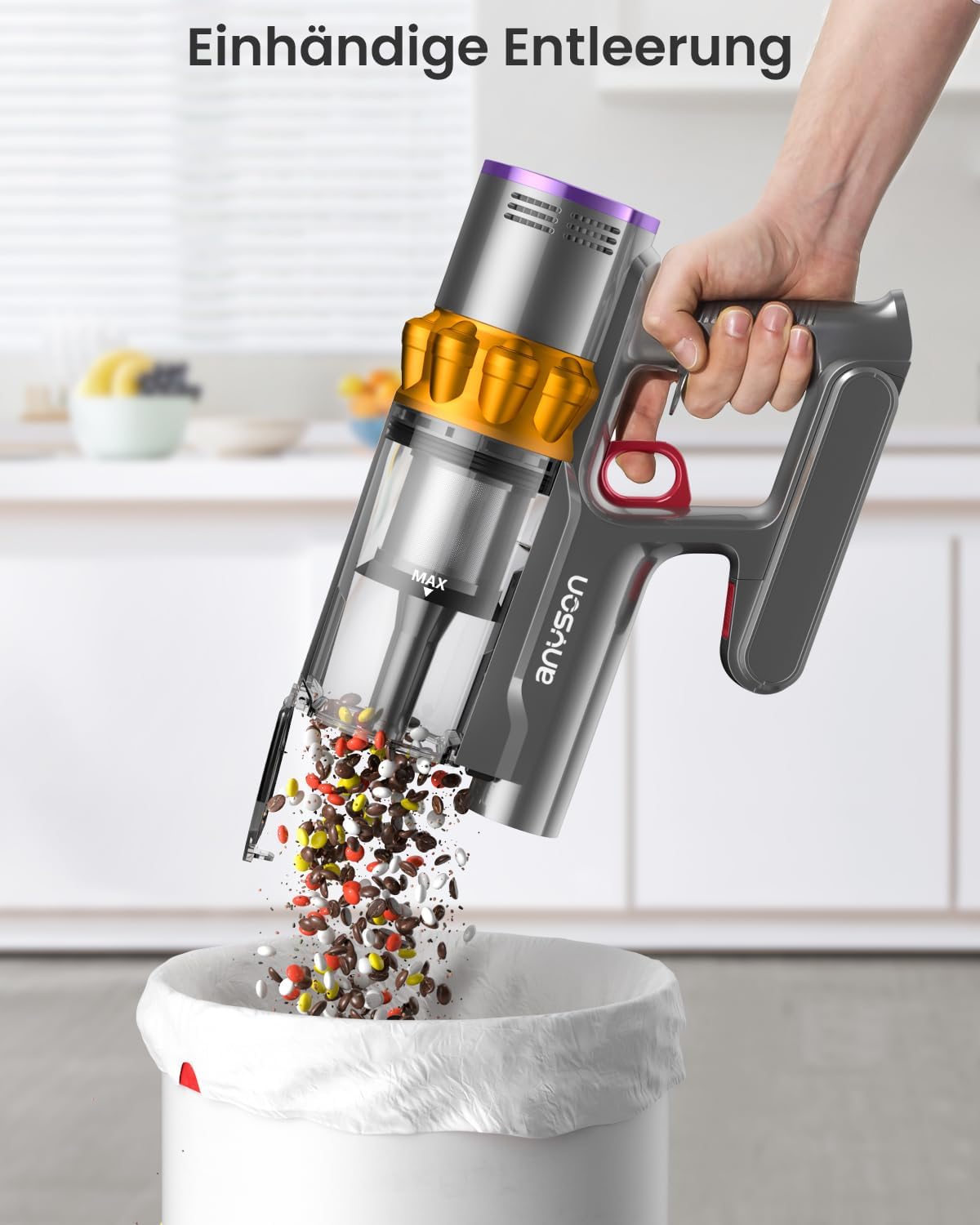 Anyson 45000Pa/550W/70Min Staubsauger Kabellos, 1.6L Akku Staubsauger Super Leise, Akkustaubsauger Selbstladender mit LED Display/Anti-Tangle-Bürste, Stabstaubsauger für Hartböden Teppiche Tierhaare