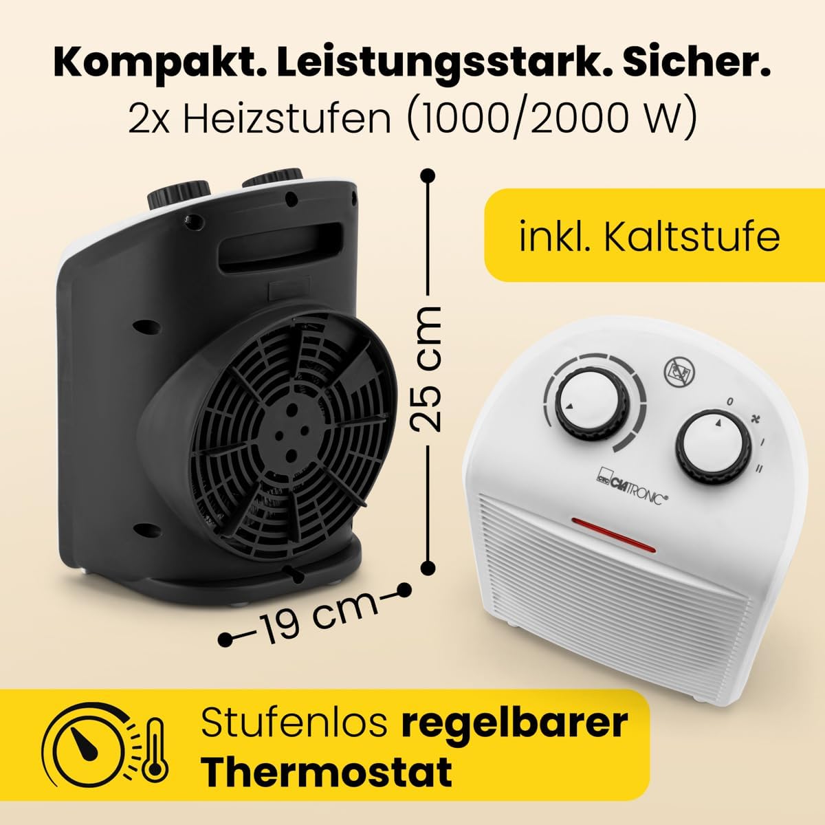 Clatronic® mobiler & kompakter Heizlüfter | Heizlüfter 2000W & 1000W | Heizkörper mit Ventilatorfunktion | Heizlüfter klein mit Kontrollleuchte & Überhitzungsschutz | HL 3761