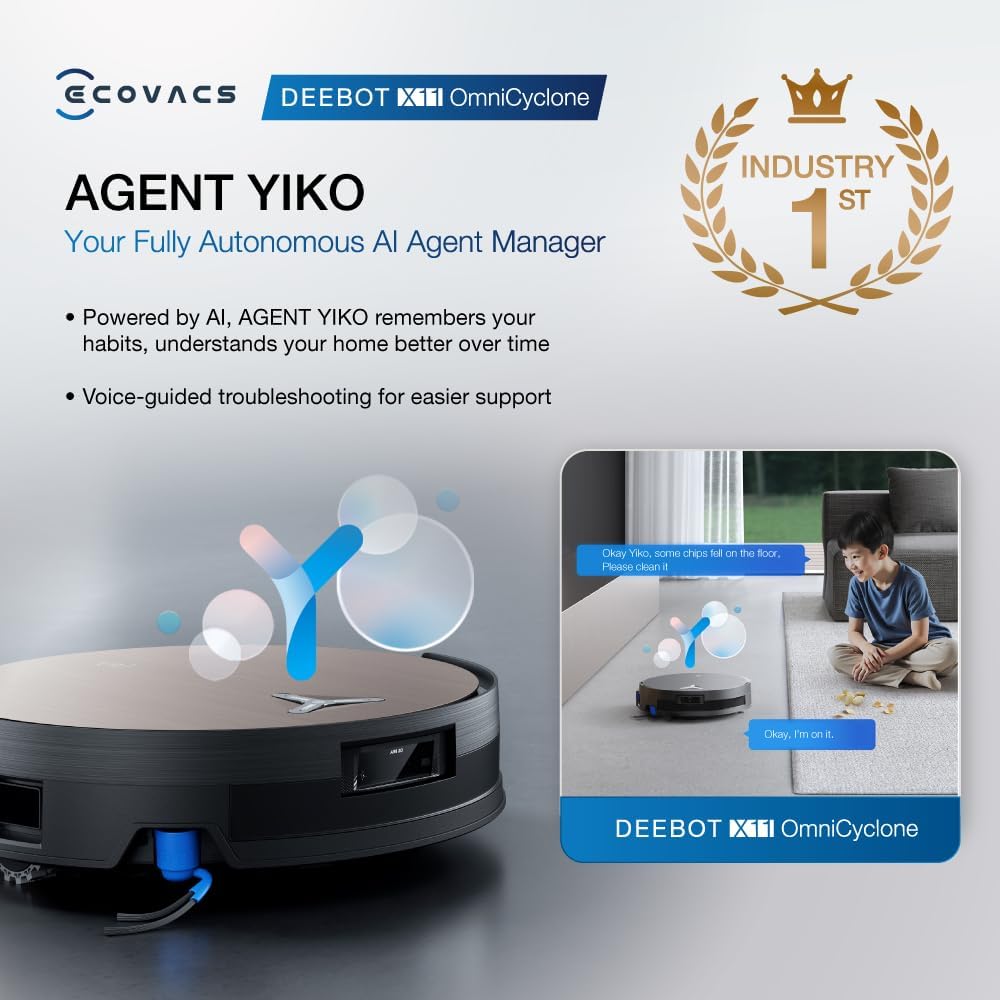 ECOVACS X11 OMNICYCLONE Saugroboter mit Wischfunktion, Blast + 19.500 Pa, ultraschnelles Akkuladen, OZMO Roller 2.0, Klettern max. 4 cm Höhe, Ausfahrender Wischmopp, PureCyclone 2.0 Auto-Entleerung