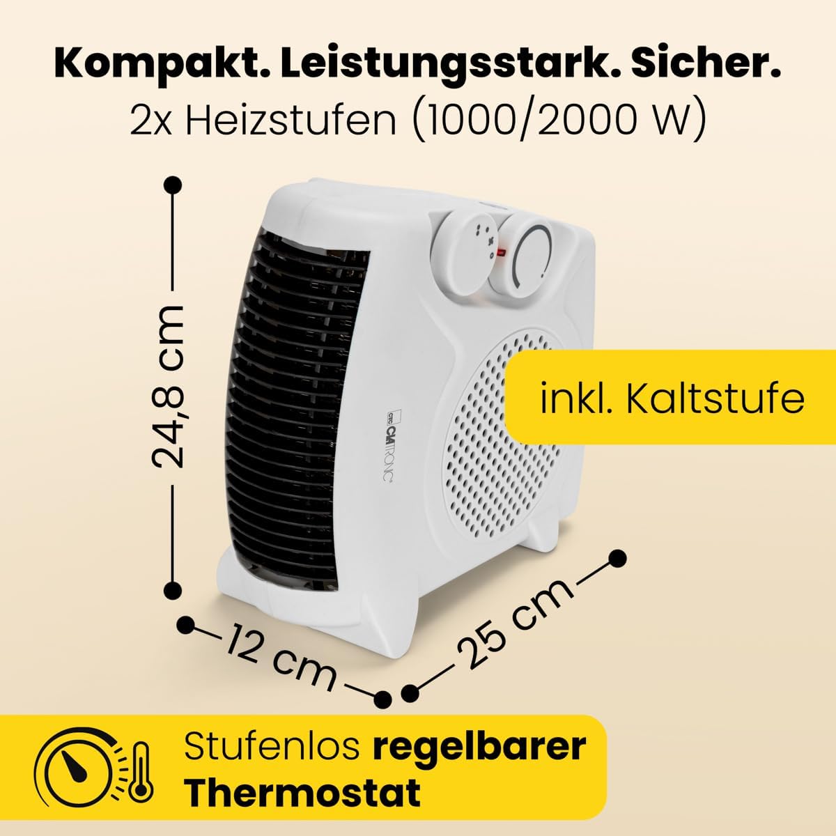 Clatronic® mobiler & kompakter Heizlüfter | Heizlüfter 2000W & 1000W | Heizkörper mit Ventilatorfunktion | Heizlüfter klein mit Kontrollleuchte & Überhitzungsschutz | HL 3761