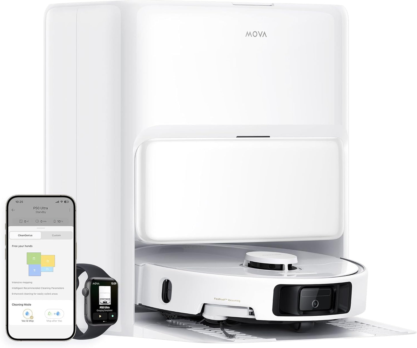 Mova P50 Pro Ultra Staubsaugerroboter mit Mopp, 19.000 Pa, 75℃ Selbstreinigender Heißwasser-Mopp mit Auszug Seitenbürste, LDS-Navigation,+RGB AI+LED-Hindernisvermeidung, Auto-Entleerung/Nachfüllen