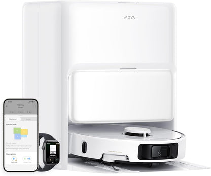 Mova P50 Pro Ultra Staubsaugerroboter mit Mopp, 19.000 Pa, 75℃ Selbstreinigender Heißwasser-Mopp mit Auszug Seitenbürste, LDS-Navigation,+RGB AI+LED-Hindernisvermeidung, Auto-Entleerung/Nachfüllen
