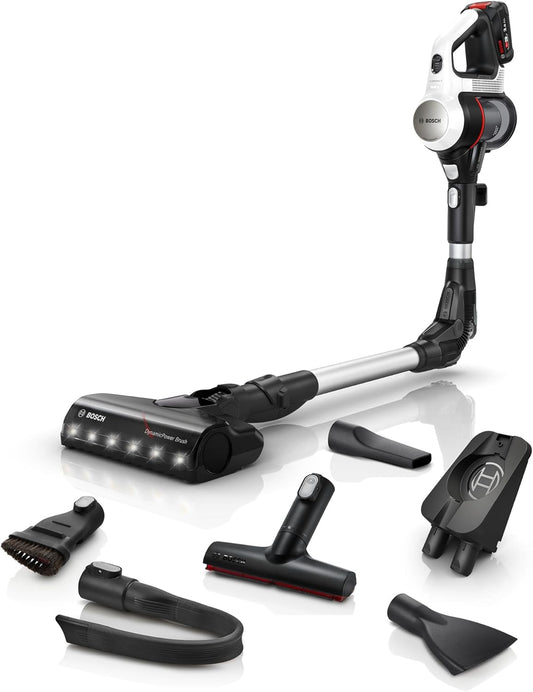 Bosch Akku-Staubsauger Unlimited 7 BSS711W, kabelloser Handstaubsauger, beutellos, Wechselakku, Knickrohr, Hygiene-Filter, 10 Jahre Motorgarantie, XXL-Polsterdüse, LED-Beleuchtung, Turbostufe, weiß