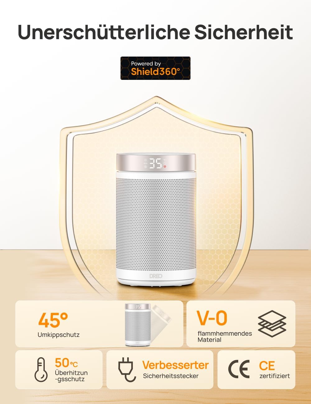 Dreo Energiesparender Heizlüfter, 34 dB Leiser 1500W Elektrischer PTC Keramik, Thermostat, Überhitzungs- & Kippschutz, 12 Std. Timer, Elektroheizung für Räume Schlafzimmer, Atom 316, Gold