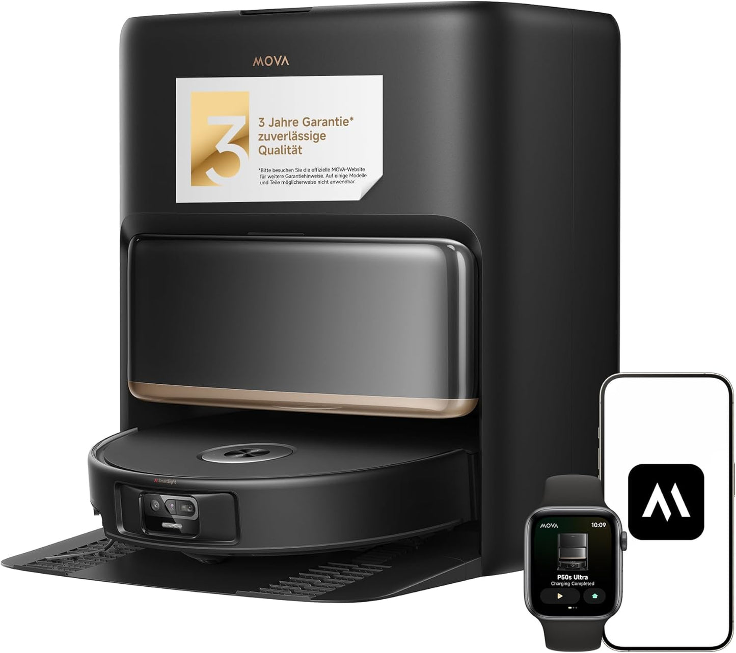 Mova P50 Pro Ultra Staubsaugerroboter mit Mopp, 19.000 Pa, 75℃ Selbstreinigender Heißwasser-Mopp mit Auszug Seitenbürste, LDS-Navigation,+RGB AI+LED-Hindernisvermeidung, Auto-Entleerung/Nachfüllen