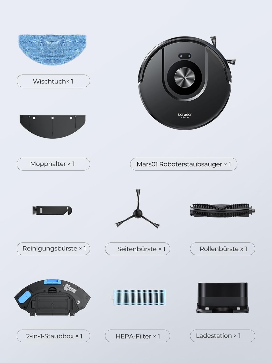 Laresar Clean Saugroboter mit Wischfunktion 3 in 1, 5000Pa Staubsauger Roboter mit Laser Navigation, 180Mins Max, Saugroboter Ideal für Tierhaare,Teppich, Hartboden, APP Steuerung, 15 No-Go