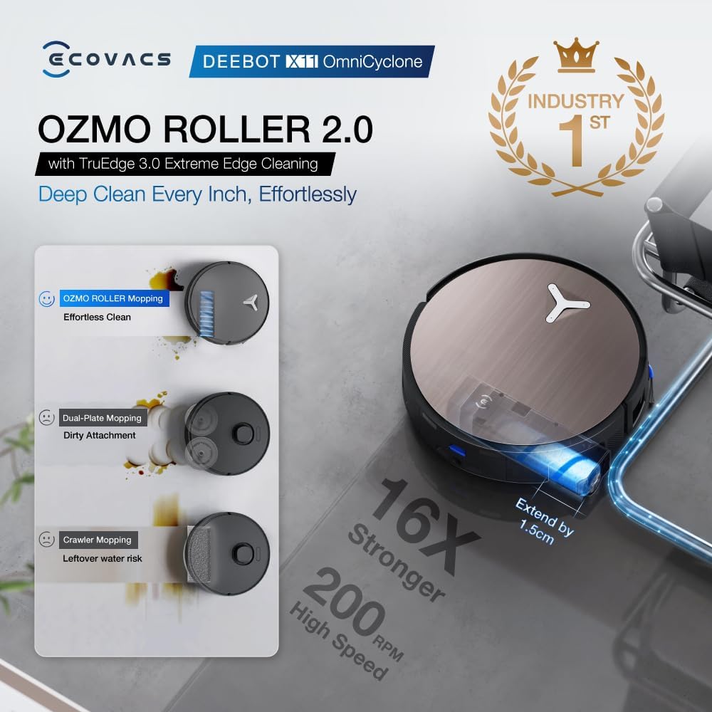 ECOVACS X11 OMNICYCLONE Saugroboter mit Wischfunktion, Blast + 19.500 Pa, ultraschnelles Akkuladen, OZMO Roller 2.0, Klettern max. 4 cm Höhe, Ausfahrender Wischmopp, PureCyclone 2.0 Auto-Entleerung