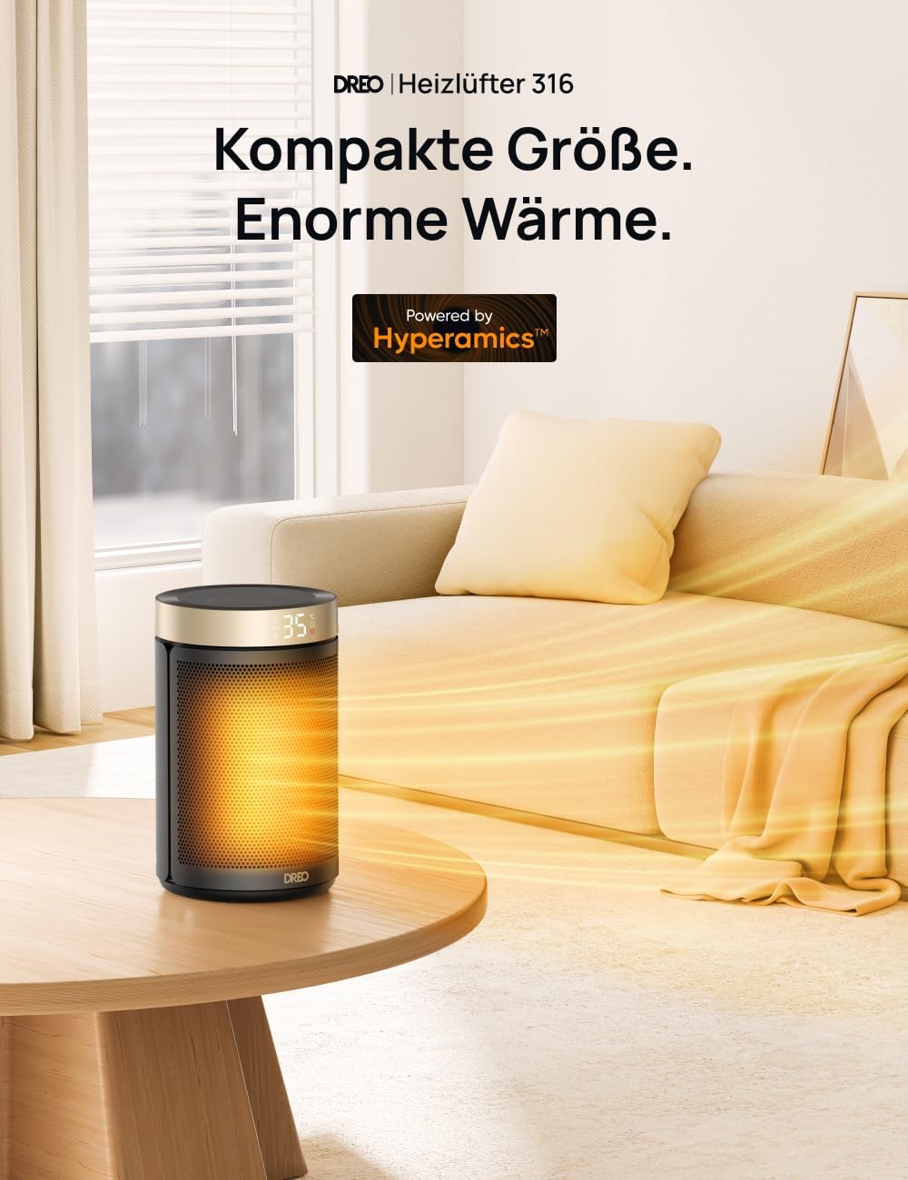 Dreo Energiesparender Heizlüfter, 34 dB Leiser 1500W Elektrischer PTC Keramik, Thermostat, Überhitzungs- & Kippschutz, 12 Std. Timer, Elektroheizung für Räume Schlafzimmer, Atom 316, Gold