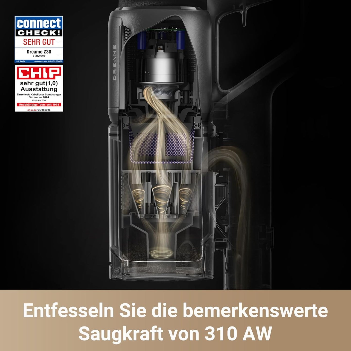 dreame Z30 Kabelloser Bodenstaubsauger, 310 AW Saugkraft, 90 min Max Reinigungszeit, Dust-Reveal-Technologie, Tierhaar-Entfernungswerkzeug, Multi-Flächen-Saugkraft, Schmutzerkennung