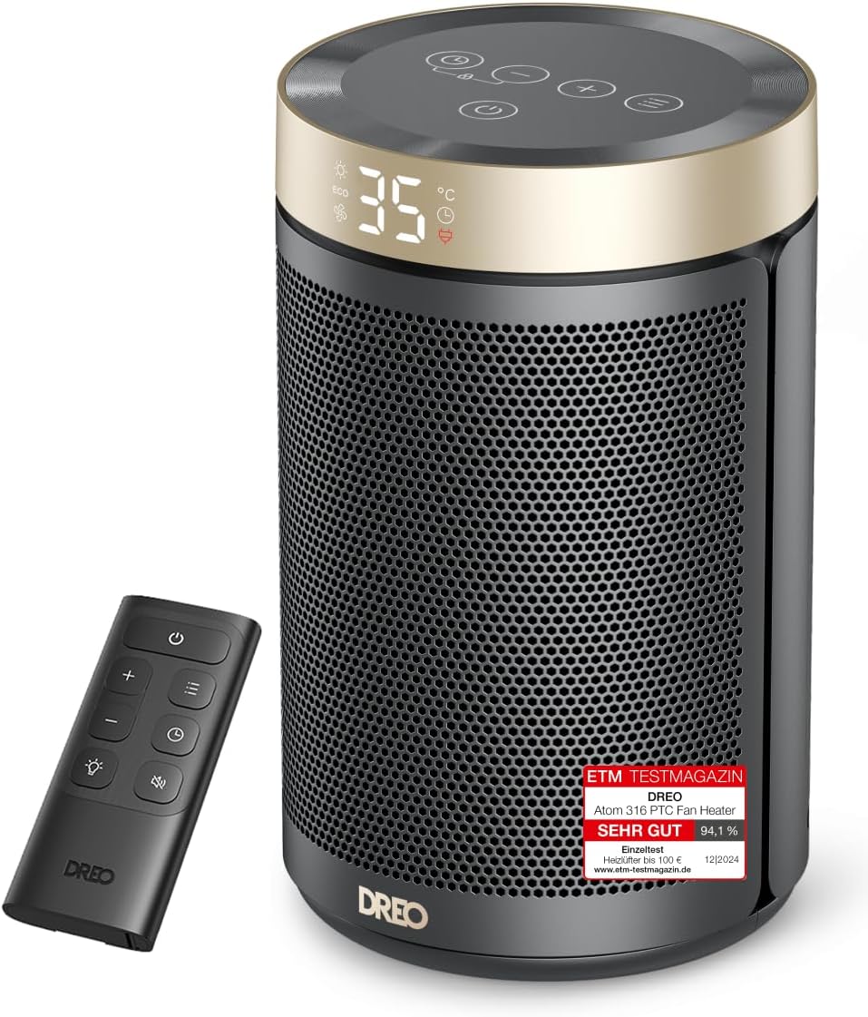 Dreo Energiesparender Heizlüfter, 34 dB Leiser 1500W Elektrischer PTC Keramik, Thermostat, Überhitzungs- & Kippschutz, 12 Std. Timer, Elektroheizung für Räume Schlafzimmer, Atom 316, Gold