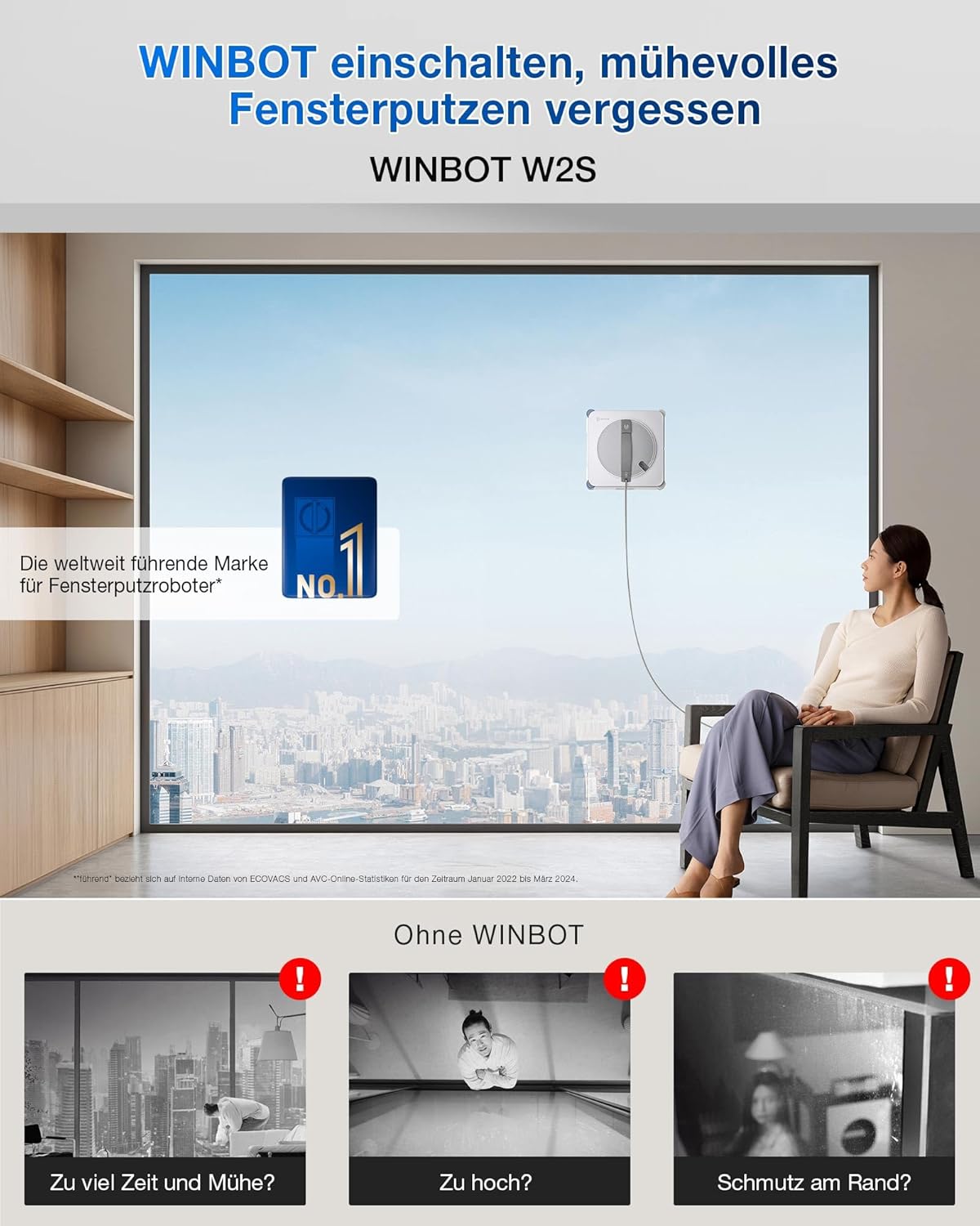 ECOVACS WINBOT W2S Omni Fensterputzroboter mit Multifunktionsstation, intelligenter Bis-an-den-Rand-Reinigung mit TruEdge™, Aufladen während des Betriebs, DREI Wasserdüsen, 12-stufigem Schutz