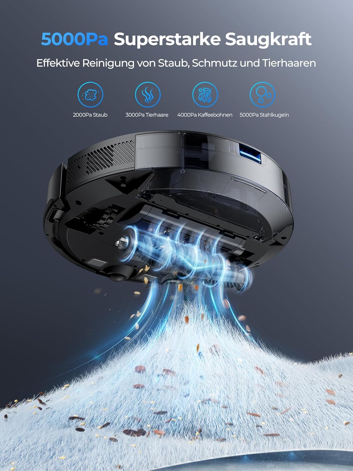 Laresar Clean Saugroboter mit Wischfunktion 3 in 1, 5000Pa Staubsauger Roboter mit Laser Navigation, 180Mins Max, Saugroboter Ideal für Tierhaare,Teppich, Hartboden, APP Steuerung, 15 No-Go