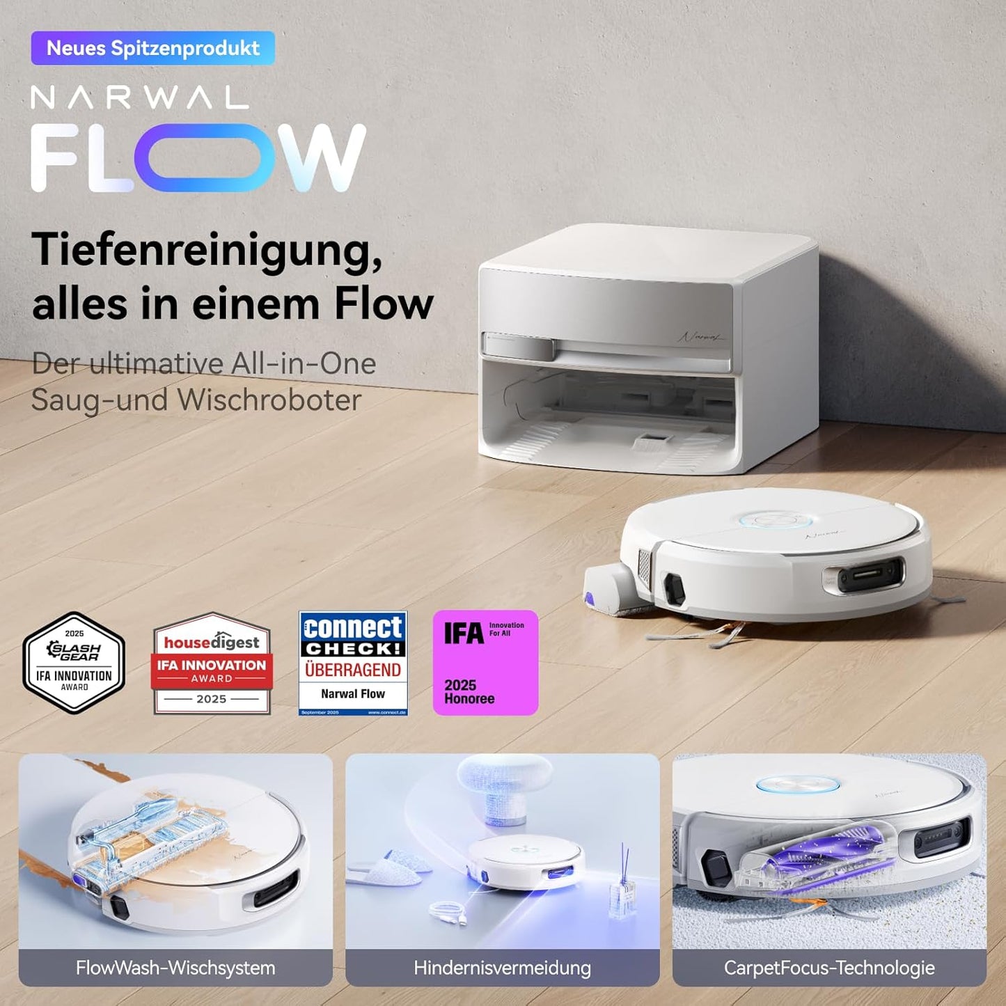NARWAL Flow Saugroboter mit Wischfunktion, FlowWash-Moppsystem mit Echtzeit-Selbstreinigung, 22.000 Pa Wischroboter, Tierhaare DualFlow Tangle-Frei, 45-80°C Spülen und Heißlufttrocknung, Absaugstation
