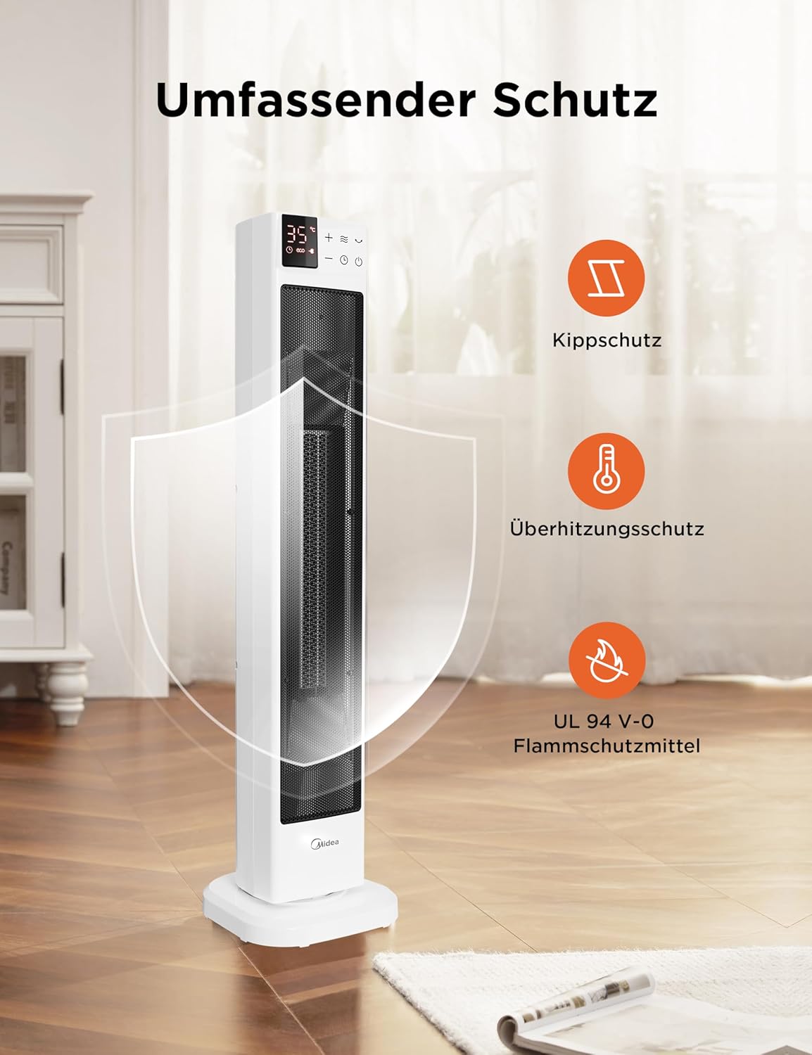 Midea NTH20-22ER(WH) Heizlüfter Energiesparend Leise mit Fernbedienung,PTC 2000 Watt Keramik Heizlüfter mit Thermostat, 2 Heizstufen, 24H Timer, ECO-Modus，für große Räume, 75°-Oszillation, 58CM, Weiß