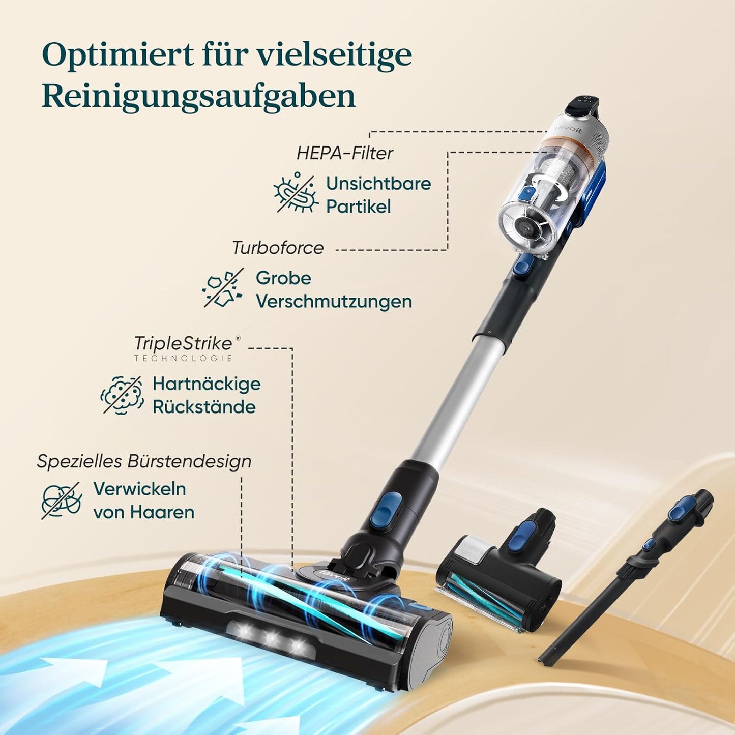 Levoit - Akku Staubsauger - Laufzeit für 75㎡ - Staubsauger Kabellos - 4-in-1 Vacuum Cleaner - 99,9 Prozent Filterleistung - Anti Tangle -Für Tierhaare/Teppiche/Hartböden/Auto - LVAC-200