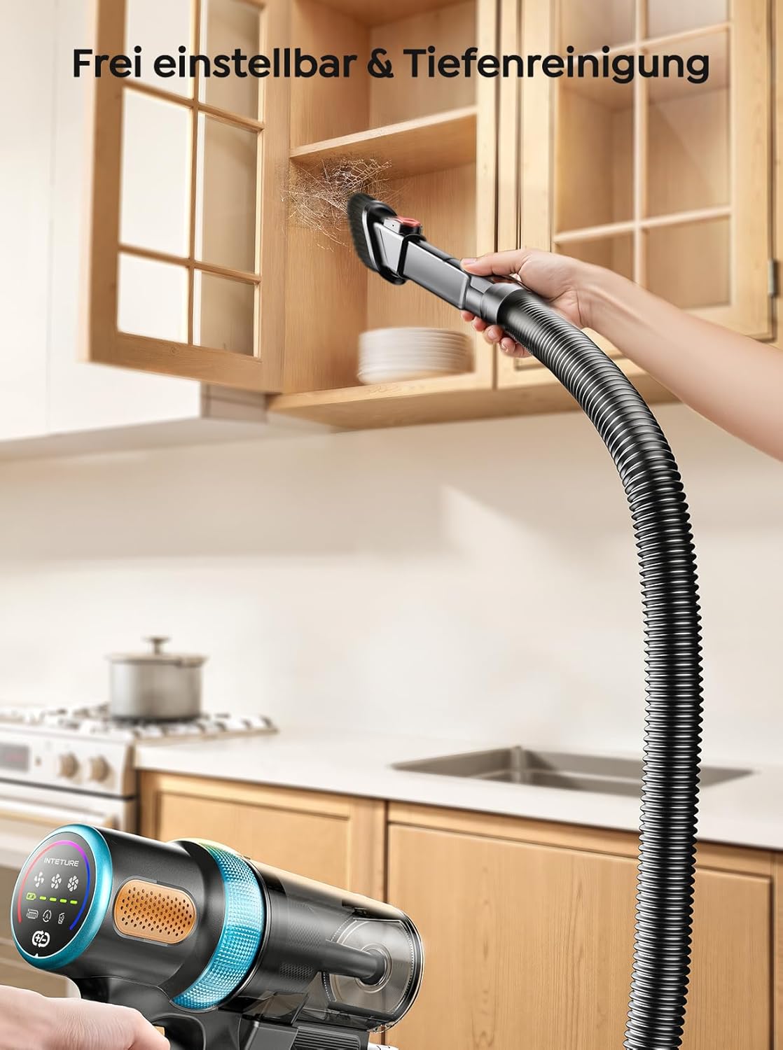 Akku Staubsauger 50KPA/600W/65Min,Selbststehender Staubsauger Kabellos mit 1M Ausziehbarer Schlauch,Wandladestation,Automatikmodus,Anti-Tangle-Bürste,Mehrstufige Filtration für Teppiche/Hartböden/Auto