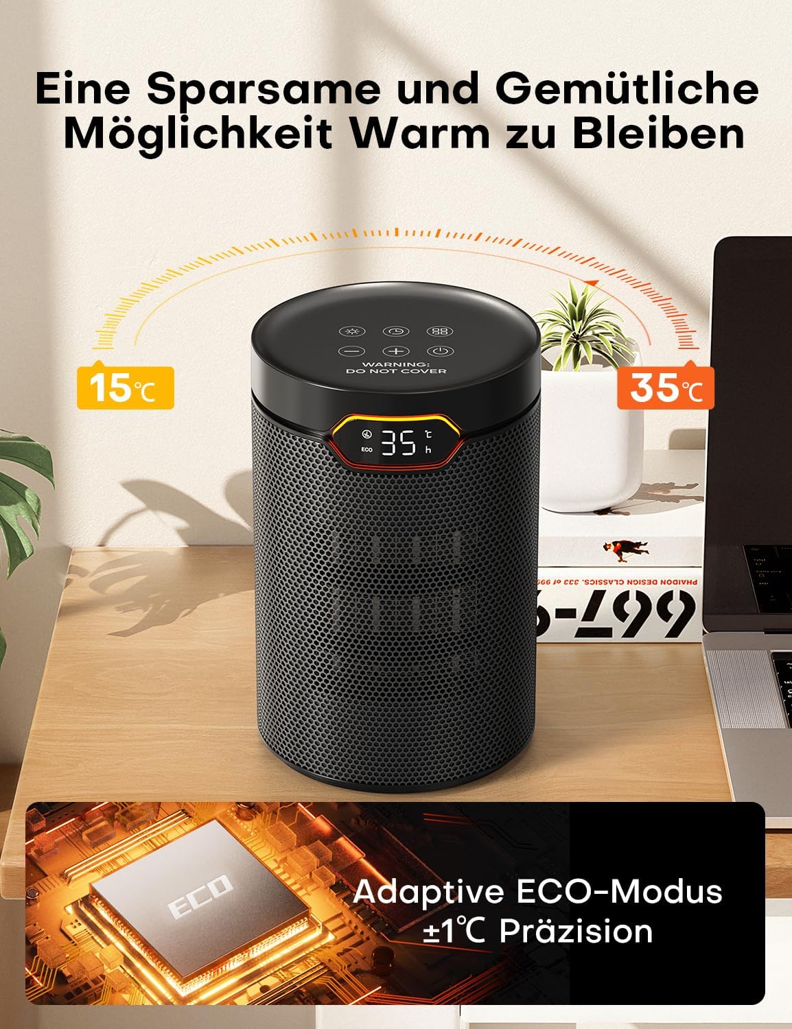 QEXREED Heizlüfter, 1500W, PTC Heizlüfter Energiesparend mit ECO Modus, 4 Heizmodi, Breeze Modus, Thermostat, 24H Timer, Fernbedienung, Überhitzungs- & Kippschutz, Tragbar & Leise, für Zuhause, Büro