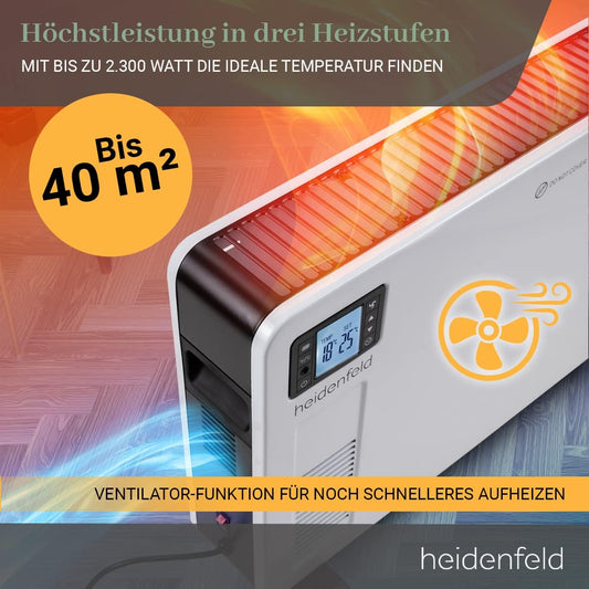 Heidenfeld Konvektor Heizung elektrisch EK100 | 𝟑 𝐉𝐀𝐇𝐑𝐄 𝐆𝐀𝐑𝐀𝐍𝐓𝐈𝐄 - 2300 Watt - Fernbedienung - Heizkörper - Elektroheizung - Standheizung - Wandheizung - Wandkonvektor - Bis 𝟒𝟎 m²