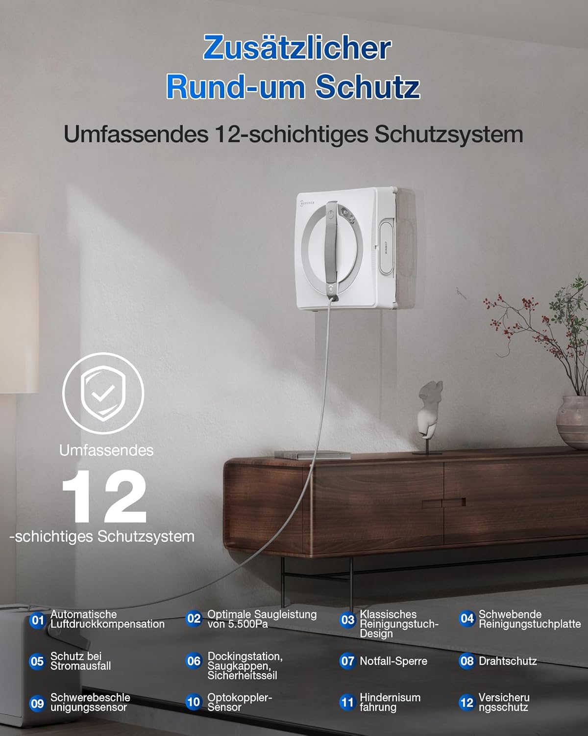 ECOVACS WINBOT W2 PRO Fensterputzroboter, 3-Düsen-Wassersprüher, 10-Stufen-Schutzsystem, Win-SLAM 4.0 Pfadplanung, Steady-Climbing-System, Kanten-Erkennung, App-Steuerung, Weiß