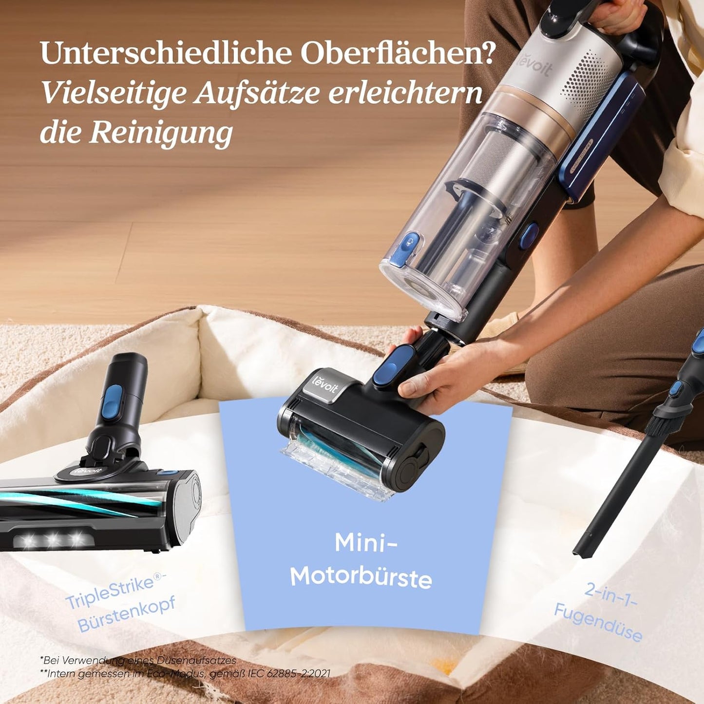 Levoit - Akku Staubsauger - Laufzeit für 75㎡ - Staubsauger Kabellos - 4-in-1 Vacuum Cleaner - 99,9 Prozent Filterleistung - Anti Tangle -Für Tierhaare/Teppiche/Hartböden/Auto - LVAC-200