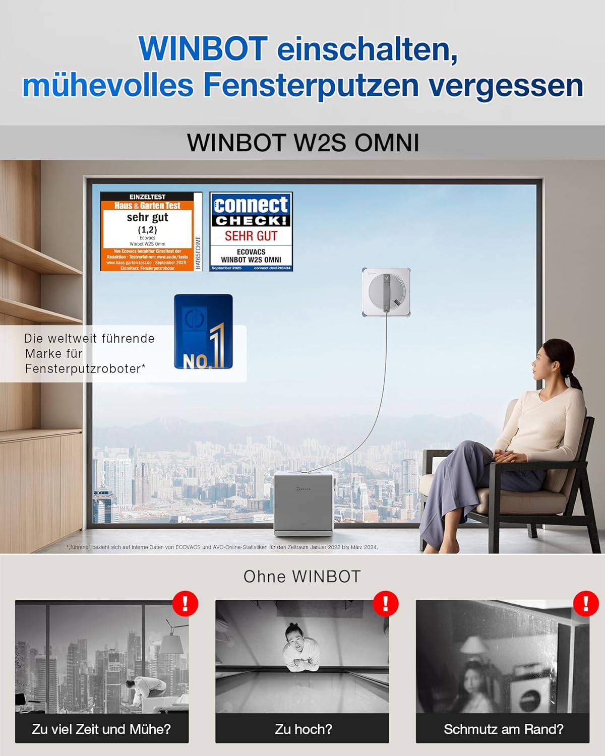 ECOVACS WINBOT W2S Omni Fensterputzroboter mit Multifunktionsstation, intelligenter Bis-an-den-Rand-Reinigung mit TruEdge™, Aufladen während des Betriebs, DREI Wasserdüsen, 12-stufigem Schutz