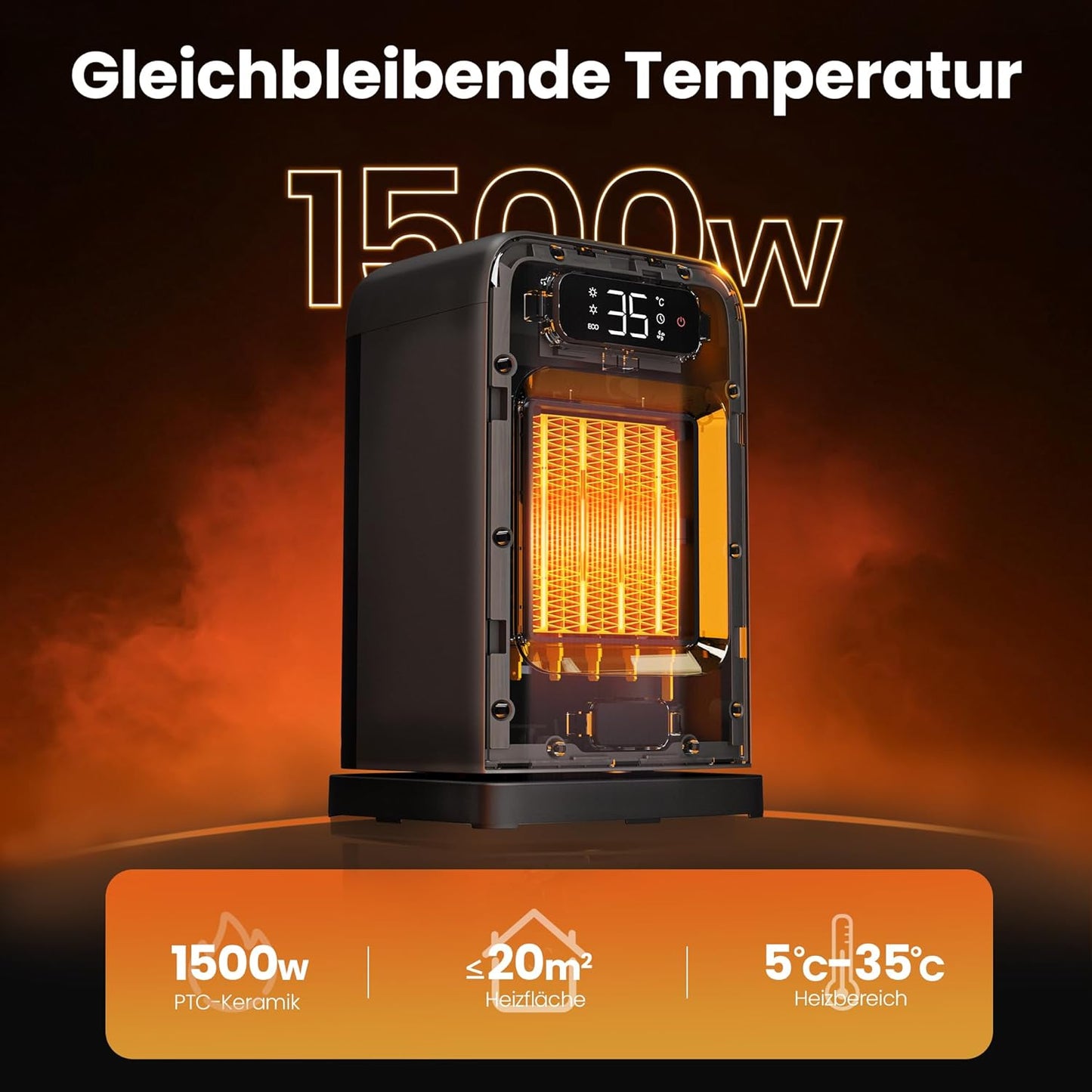 FLANUR Tragbarer Heizlüfter mit Thermostat, 1500W PTC-Keramik-Schnellheizung & ECO-Modus - 2-in-1-Heizlüfter, Digitalanzeige, 12-Stunden-Timer, unter 35dB leiser Heizlüfter-Schwarz, 1Pack+2Modes