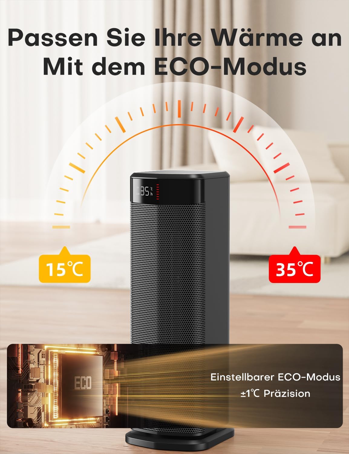 QEXREED Heizlüfter, 2000W PTC Heizlüfter Energiesparend, 4 Modi, ECO-Modu, Thermostat, 90°-Oszillation, 24H Timer, Fernbedienung, Kipp- und Überhitzungsschutz für Innenräume