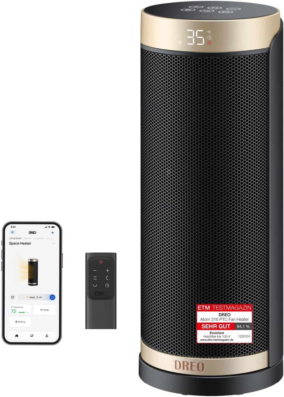 Dreo Heizlüfter Energiesparend, PTC Keramik Heizlüfte Leise, 70° Oszillierend Elektroheizung mit Fernbedienung, 12-Std-Timer, 3 Modus 3 Geschwindigkeit, Überhitzungs-Kippschutz, Solaris Slim H3