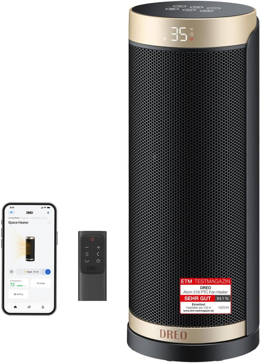 Dreo Heizlüfter Energiesparend, PTC Keramik Heizlüfte Leise, 70° Oszillierend Elektroheizung mit Fernbedienung, 12-Std-Timer, 3 Modus 3 Geschwindigkeit, Überhitzungs-Kippschutz, Solaris Slim H3