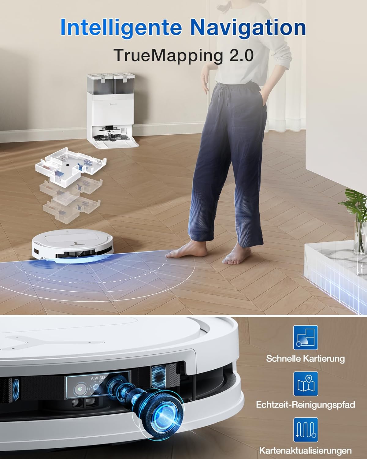 ECOVACS DEEBOT T50 PRO Omni Gen2 Saugroboter mit Wischfunktion, Ausfahrende Seitenbürste und Wischmopp, 21.000 Pa, Auto Zugabe von Reinigungslösung, Moppwäsche mit 75°C heißem Wasser, Ultradünn 81 mm