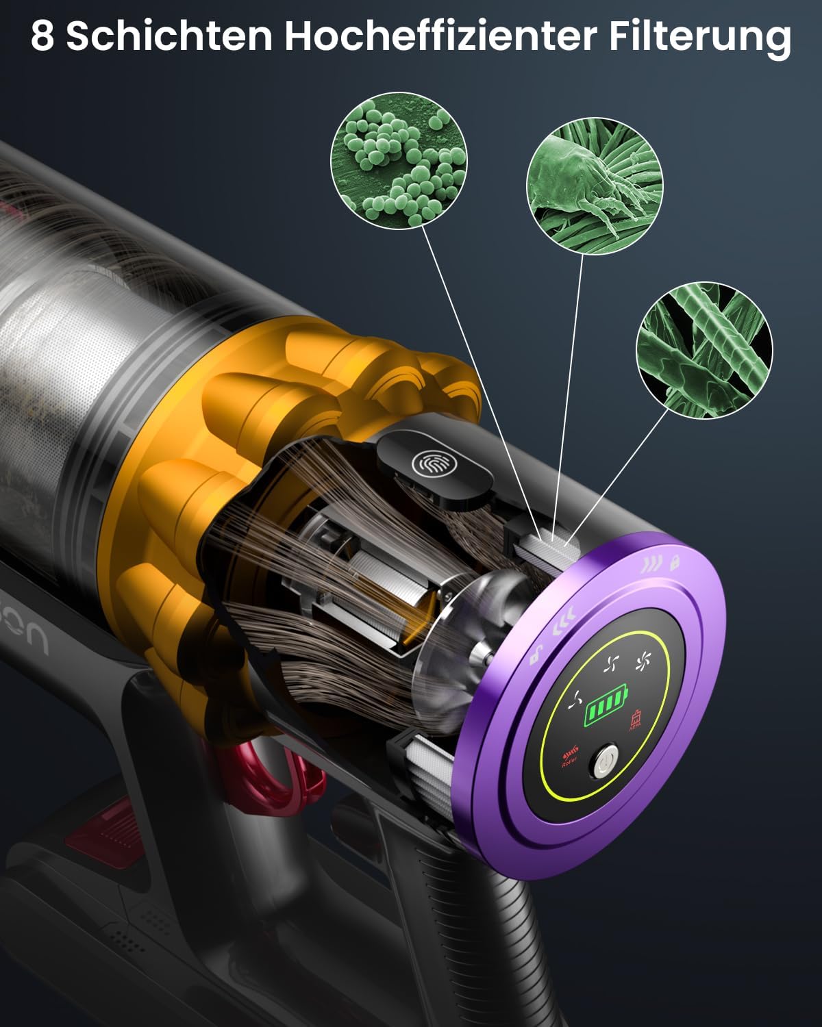 Anyson 45000Pa/550W/70Min Staubsauger Kabellos, 1.6L Akku Staubsauger Super Leise, Akkustaubsauger Selbstladender mit LED Display/Anti-Tangle-Bürste, Stabstaubsauger für Hartböden Teppiche Tierhaare