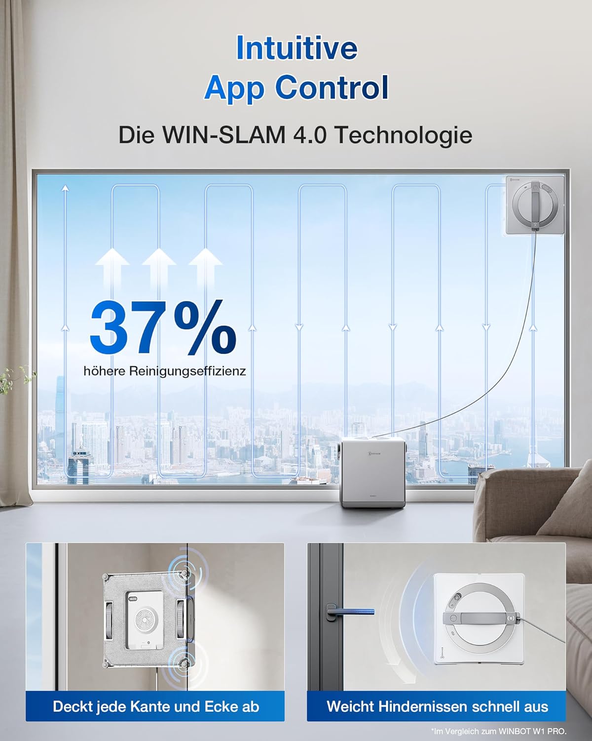 ECOVACS WINBOT W2 PRO Fensterputzroboter, 3-Düsen-Wassersprüher, 10-Stufen-Schutzsystem, Win-SLAM 4.0 Pfadplanung, Steady-Climbing-System, Kanten-Erkennung, App-Steuerung, Weiß