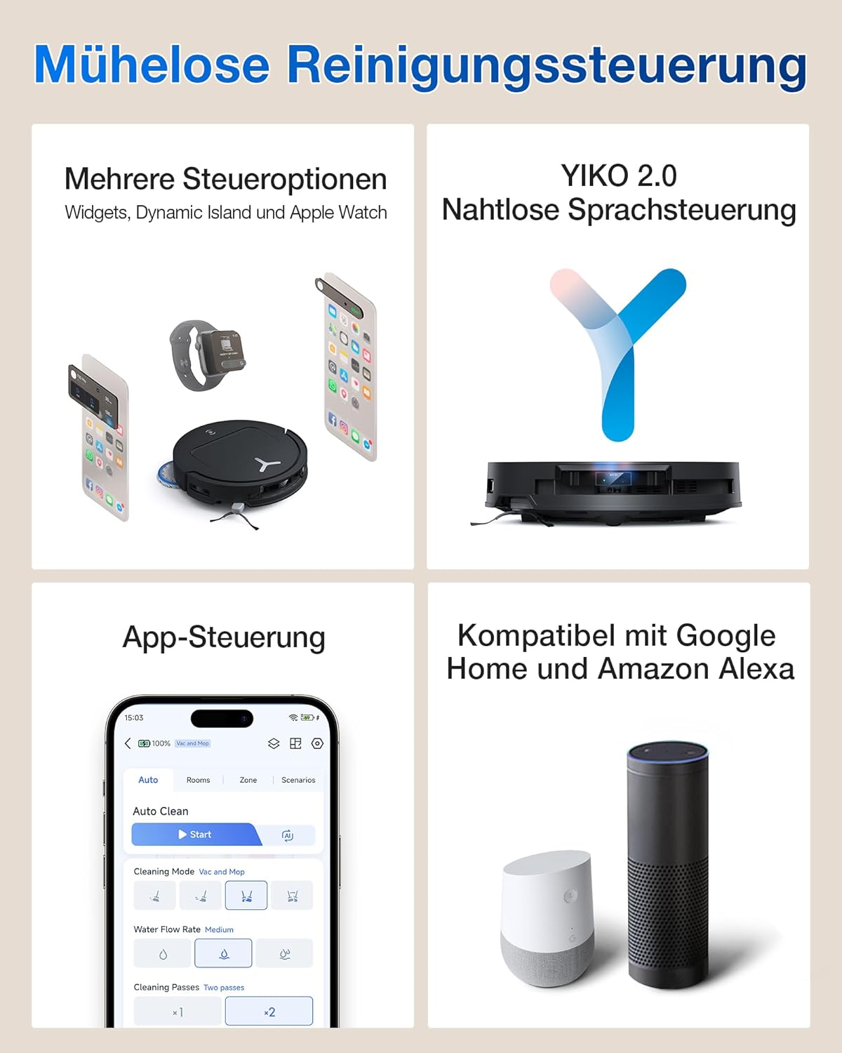 ECOVACS DEEBOT T50 Omni Saugroboter mit Wischfunktion,15.000 Pa, T30 Omni-Upgrade, Ausziehbare Seitenbürste und Mopp, ZeroTangle 2.0, Moppwäsche mit 75°C heißem Wasser, All-in-One Station